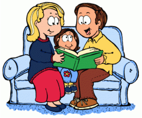 Cartoon child doing homework with parents