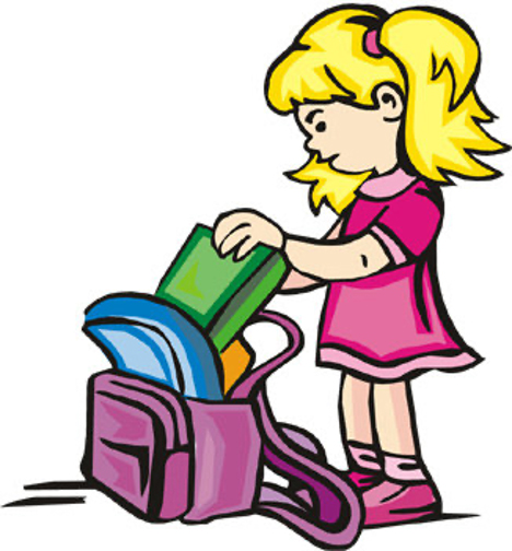 Cartoon girl putting things in schoolbag