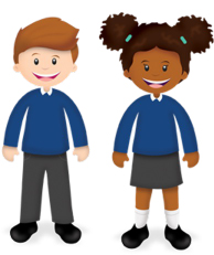 Junior Infants characters wearing uniform